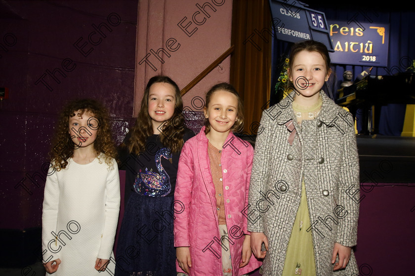 Feis27032018Tue02 
 2
Performers Aoibhe McCarthy, Lily OFlaherty, Sophie Hennessy and Aurora Dempsey from Midleton and Bishopstown.
 Singing Class: 55: Girls Solo Singing 9 Years and Under Feis Maiti 92nd Festival held in Fr. Mathew Hall. EEjob 27/03/2018 Picture: Gerard Bonus