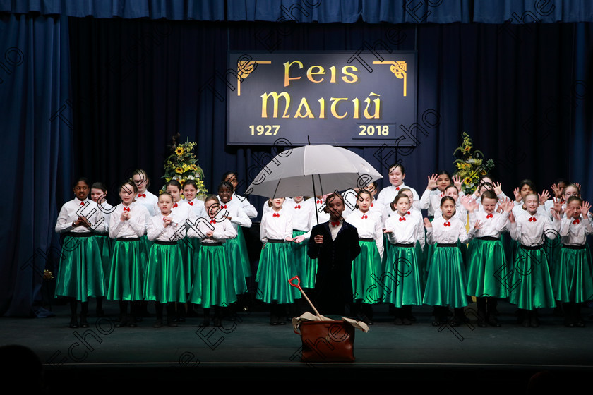 Feis28022018Wed04 
 On a snowy day only one choir made it into the hall for their performance, Scoil mhuire, Ballincollig braved the elements, snow and ice and totally enthralled the adjudicator, Marilynne Davies that she asked them to perform again and they did, spectacularly, showing their skill and talents so well that they were awarded the highest mark of 90 points, a rare achievement made all the more special on a day that most schools were closed due to weather and also making the choirs first visit to eh Feis performing a medley from Mary Poppins during the The Pam Golden Perpetual Cup Group Action Songs Primary Schools Class 104 Feis Maiti 92nd Festival held in Fr. Mathew Hall. EEjob 27/02/2018 Picture: Gerard Bonus.