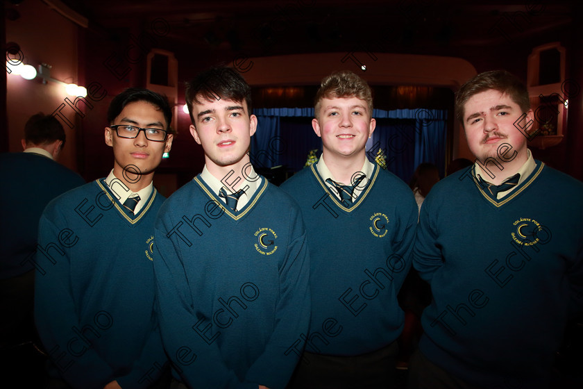 Feis27022019Wed67 
 67
John Peter Laceha, Michael McCarthy, Ciarn Conway and Sam OKeeffe Glanmire Community School.

Class: 81: The Father Mathew Perpetual Shield Part Choirs 19 Years and Under Two contrasting songs.

Feis Maiti 93rd Festival held in Fr. Mathew Hall. EEjob 27/02/2019. Picture: Gerard Bonus