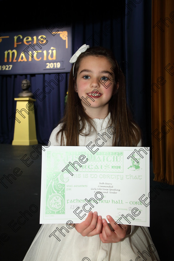 Feis31032019Sun01 
 1
Commended Beth Barry from Monkstown.

Class: 367: Solo Verse Speaking Girls 8 Years and Under Section 5 Either: Breakdown Jean Kenward or The Haunted House John Foster.

Feis Maiti 93rd Festival held in Fr. Mathew Hall. EEjob 31/03/2019. Picture: Gerard Bonus