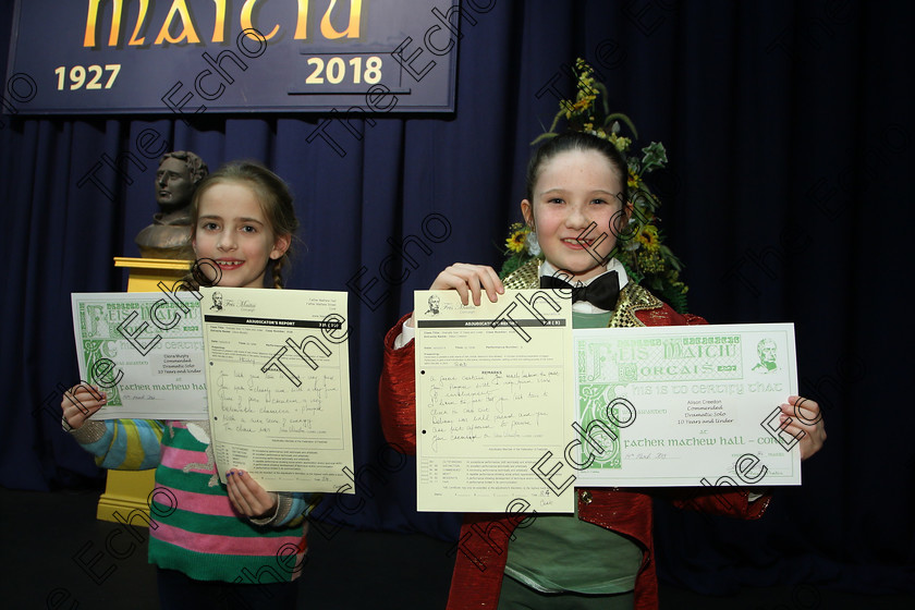 Feis14032018Wed35 
 35
Commended Alison Creedon, and Clona Murphy from Passage West and Ovens.
 Speech and Drama Class: 328: The Fr. Nessan Shaw Memorial Perpetual Cup Dramatic Solo 10 Years and Under Section1Feis Maiti 92nd Festival held in Fr. Mathew Hall. EEjob 14/03/2018 Picture: Gerard Bonus.