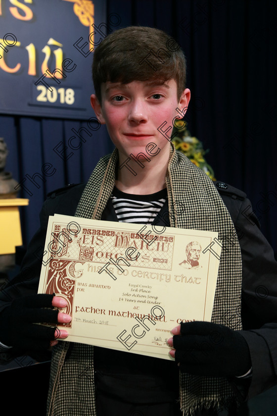 Feis07032018Wed42 
 42
Joint 3rd place Fergal Crowley for his performance of Johanna from Sweeney Todd.
 Singing and School Choirs Class: 112: The C.A.D.A. Perpetual Trophy Solo Action Song 14 Years and Under Section 1 Feis Maiti 92nd Festival held in Fr. Mathew Hall. EEjob 06/03/2018 Picture: Gerard Bonus.