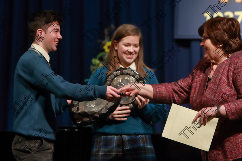 Feis12042018Thu65 
 65
Adjudicator Alice OConnell presenting The Father Mathew Perpetual Shield and Silver Medal to Andrew Lane representing Glanmire Community School Senior Choir including Lucy Dolan representing Glanmire Community School Junior Choir.
Feis Maiti 92nd Festival held in Fr. Mathew Hall. EEjob 12/04/2018 Picture: Gerard Bonus