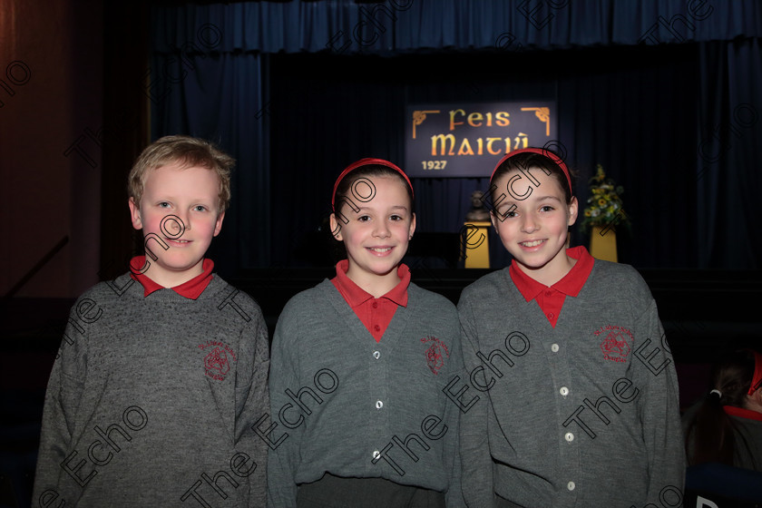 Feis12042018Thu01 
 1
Mattie Chambers, Molly Cregan and Clara Crichton from St Lukes NS Douglas.
 Singing Class: 84: The Sr. M. Benedicta Memorial Perpetual Cup Primary School Unison Choirs Section 1 Feis Maiti 92nd Festival held in Fr. Mathew Hall. EEjob 28/03/2018 Picture: Gerard Bonus