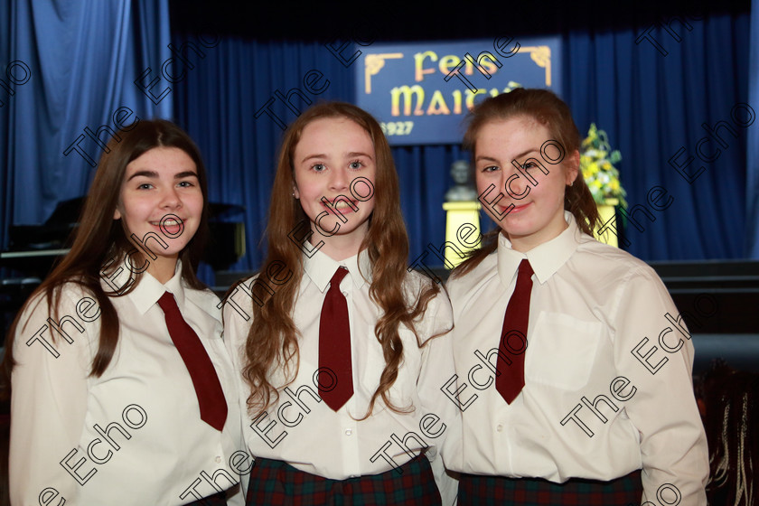 Feis27022019Wed09 
 9
Sophie Mathews, Orla Keys and Ellen Crowley from Sacred Heart School Tullamore.

Class: 77: The Father Mathew Hall Perpetual Trophy Sacred Choral Group or Choir 19 Years and Under Two settings of Sacred words.
Class: 80: Chamber Choirs Secondary School

Feis Maiti 93rd Festival held in Fr. Mathew Hall. EEjob 27/02/2019. Picture: Gerard Bonus