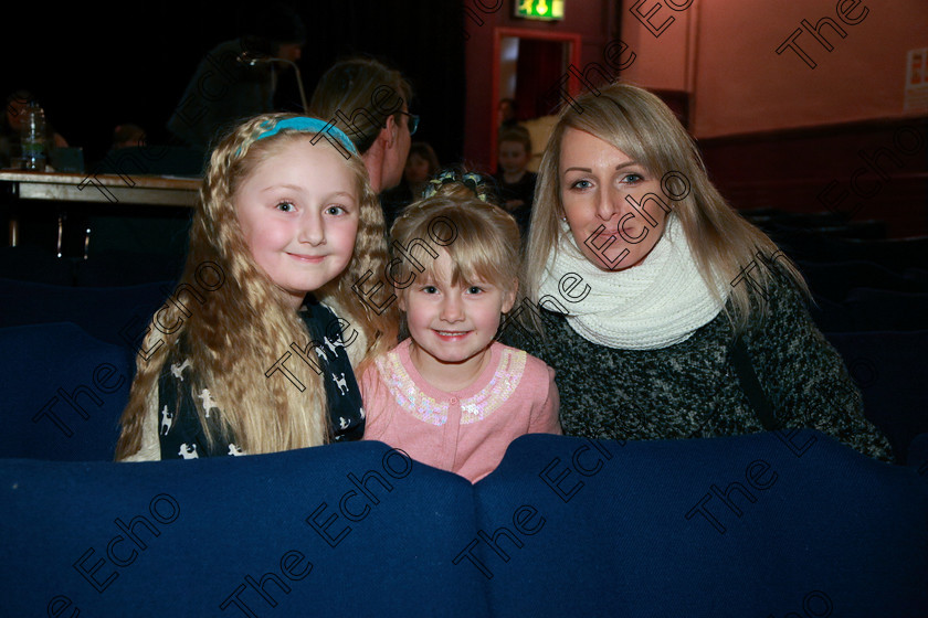 Feis24022018Sat14 
 14
Performer Olivia Brzostek from Lisgoold with her sister Sophie and mum Valarie.
 Speech and Drama Class: 369: Solo Verse Speaking Girls 6 Years and Under Section 3 Feis Maiti 92nd Festival held in Fr. Mathew Hall. EEjob 24/02/2018 Picture: Gerard Bonus.