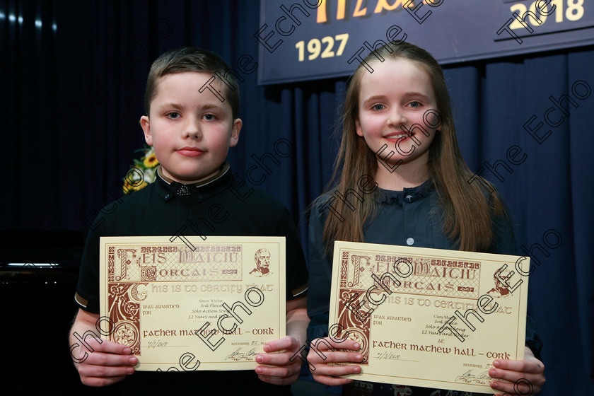 Feis07032018Wed20 
 20
Joint 3rd place Simon Whelan and Ciara Murphy from Mitchelstown and Glanmire. 
 Singing and School Choirs Class: 113: The Edna McBirney Memorial Perpetual Award Solo Action Song 12 Years and Under Section 3 Feis Maiti 92nd Festival held in Fr. Mathew Hall. EEjob 06/03/2018 Picture: Gerard Bonus.