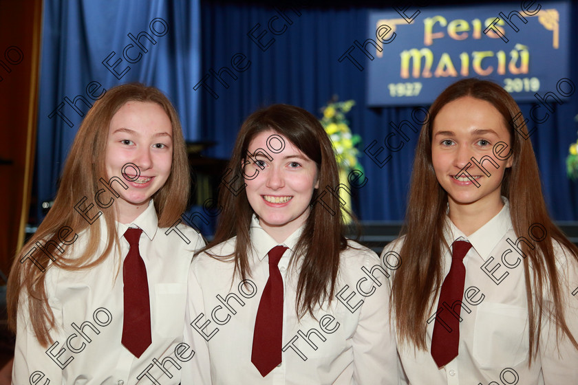 Feis27022019Wed08 
 8
Audrie Bennett, Eimear Cullen and Ciara Coughlan from Sacred Heart School Tullamore.

Class: 77: The Father Mathew Hall Perpetual Trophy Sacred Choral Group or Choir 19 Years and Under Two settings of Sacred words.
Class: 80: Chamber Choirs Secondary School

Feis Maiti 93rd Festival held in Fr. Mathew Hall. EEjob 27/02/2019. Picture: Gerard Bonus