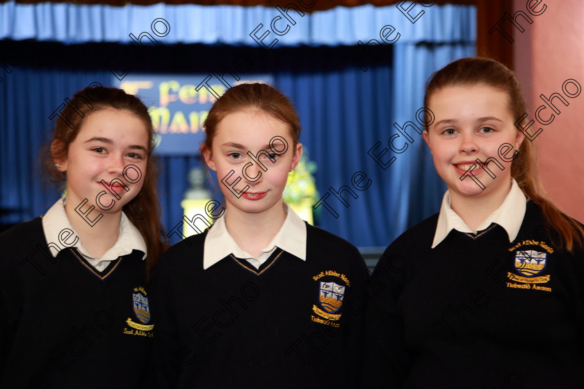 Feis27022019Wed02 
 2
Shona Hogan, Becky Walsh and Abbie Shannon from St. Ailbes Choir.

Class: 77: The Father Mathew Hall Perpetual Trophy Sacred Choral Group or Choir 19 Years and Under Two settings of Sacred words.
Class: 80: Chamber Choirs Secondary School

Feis Maiti 93rd Festival held in Fr. Mathew Hall. EEjob 27/02/2019. Picture: Gerard Bonus