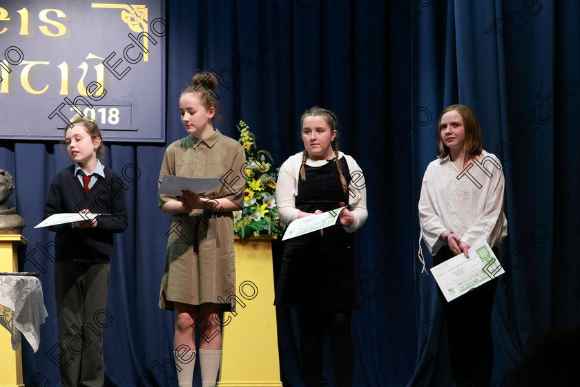 Feis21022018Wed48 
 48
Commended Kellie Anne Holms, Saoirse McGuinness, Mary Kate OBrien and Clodagh Kelly.
 Speech and Drama Class: 327: The Hartland Memorial Perpetual Trophy Dramatic Solo12 years and under section 3 Feis Maiti 92nd Festival held in Fr. Mathew Hall, EEjob 21/02/2018 Picture: Gerard Bonus.