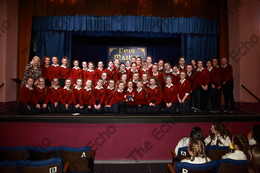 Feis27022019Wed52 
 52~53
Cup Winners and Silver Medallists Loreto 1st Year A. with Music Teacher Sharon Glancy.

Class: 83: The Loreto Perpetual Cup Secondary School Unison Choirs

Feis Maiti 93rd Festival held in Fr. Mathew Hall. EEjob 27/02/2019. Picture: Gerard Bonus