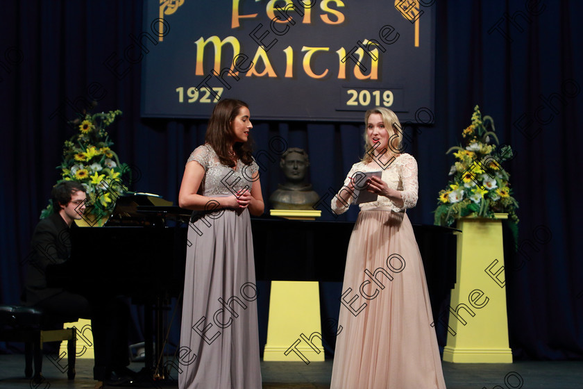 Feis01032019Fri54 
 54 
Duo Orlaith Horan and Fiona Falvey from Kerry and Carrigaline singing Sullaria by Mozart with Accompanist Tom Doyle.

Class: 26: The Annabel Adams Perpetual Trophy Operetta Duets 
A duet from any of the standard Operas, Operettas or Light Operas.

Feis Maiti 93rd Festival held in Fr. Mathew Hall. EEjob 01/03/2019. Picture: Gerard Bonus