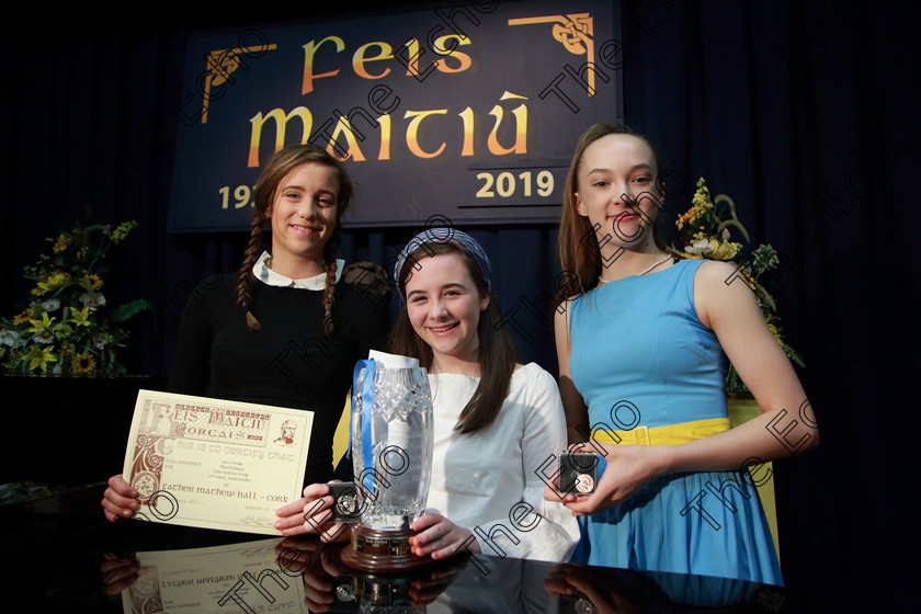 Feis10022019Sun25 
 25
3rd place Siri Forde from Bishopstown; Overall Trophy winner and Silver Medallist Faye Herlihy from Ballinhassig and Bronze Medallist Abbie Palliser Kehoe from Carrigaline.

Class: 112: The C.A.D.A. Perpetual Trophy Solo Action Song 14 Years and Under Section 2 An action song of own choice.

Feis Maiti 93rd Festival held in Fr. Matthew Hall. EEjob 10/02/2019. Picture: Gerard Bonus