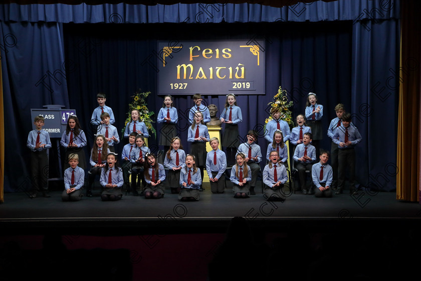 Feis27032019Wed08 
 7~12
Ovens NS performing.

Choral Speaking Class: 475: The Curran Memorial Perpetual Cup 5thClass (a) The Dragon Who Ate Our School Nick Toczek (b) Own Choice.
Class: 477: The Catherine Mahon Perpetual Cup 3rdClass (a) Queue for the Zoo Clare Bevan. (b) Own Choice.

Feis Maiti 93rd Festival held in Fr. Mathew Hall. EEjob 27/03/2019. Picture: Gerard Bonus