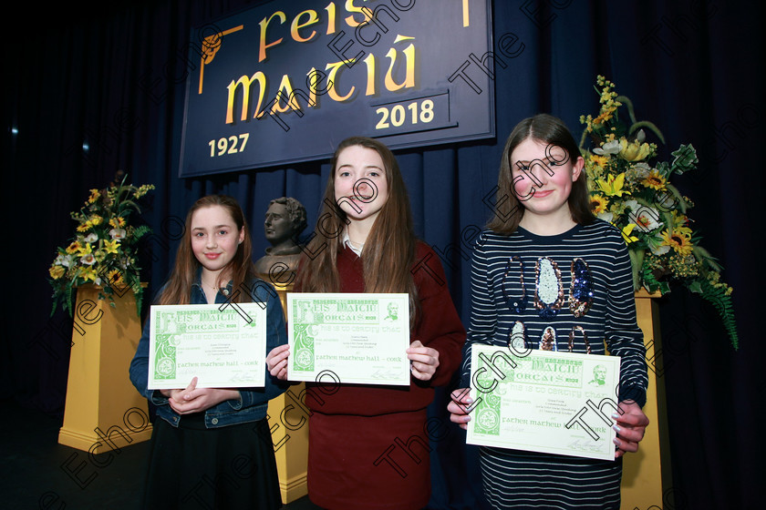 Feis22022018Thu26 
 26
Commended Arwen ODonoghue from Roberts Cove; Grinne Steel from Castlemartyr and Grace Forde from Glenville.
 Speech and Drama Classes: 363: Solo Verse Speaking Girls 12 Years and Under Section 1
Feis Maiti 92nd Festival held in Fr. Mathew Hall. EEjob 22/02/2018 Picture: Gerard Bonus.