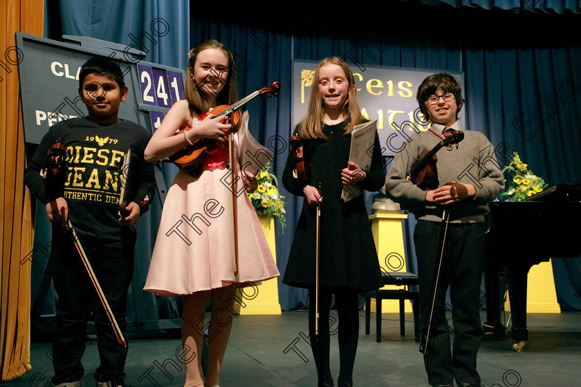 Feis29012018Mon23 
 23
Performers; Rivan Gosh, Maria Barry Murphy, Edith Haugh, and Daniel Lovasz from Ballincollig, Ennis Co. Clare and Blackrock.

EEjob 29/01/2018 
Feis Maiti 92nd Festival held in Fr. Matthew Hall 
Picture: Gerard Bonus

Instrumental Music
Class 241 Violin Solo 10 years and Under