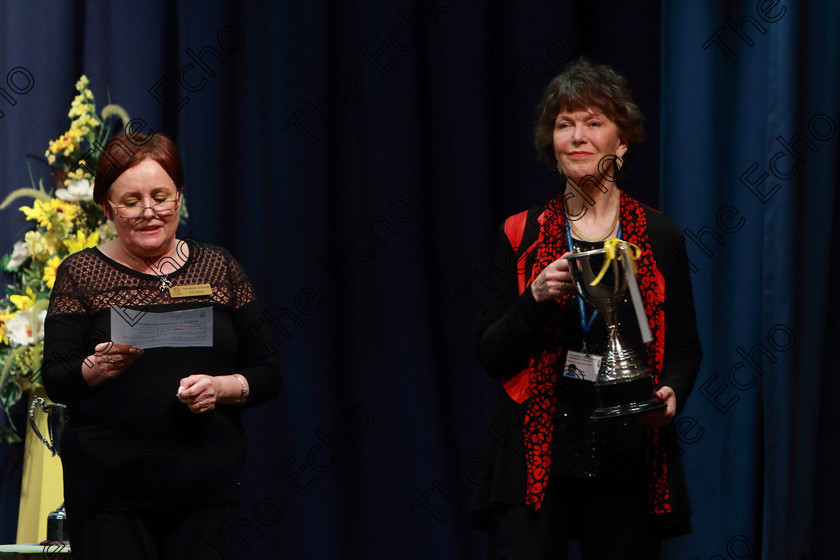 Feis28032019Thu35 
 35
Stage Hand Edel Burke announcing the Cup Winners with Adjudicator Cally Foster.

Class: 336: The Trevor Ryan Perpetual Cup 5Musical Drama Duo18 Years and Under A duo dialogue and song not to exceed 10 minutes.

Feis Maiti 93rd Festival held in Fr. Mathew Hall. EEjob 28/03/2019. Picture: Gerard Bonus