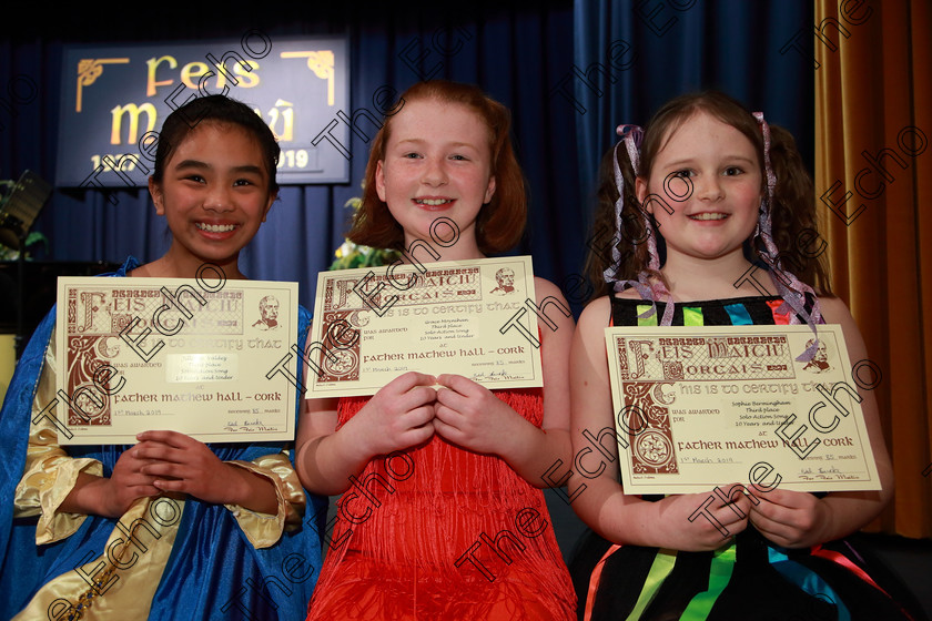 Feis01032019Fri48 
 48
Joint 3rd place Jilliane Valdez from Montenotte; Grace Moynihan from Douglas and Sophie Bermingham from Blarney.

Class: 114: The Henry OCallaghan Memorial Perpetual Cup Solo Action Song 10 Years and Under Section 2 An action song of own choice.

Feis Maiti 93rd Festival held in Fr. Mathew Hall. EEjob 01/03/2019. Picture: Gerard Bonus