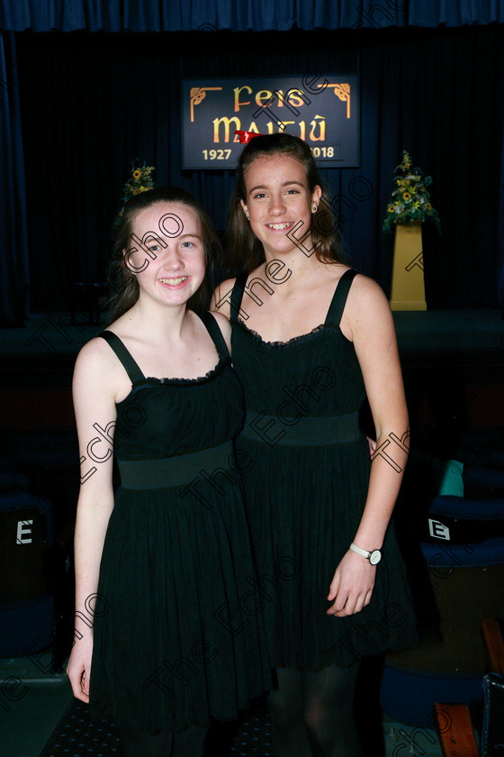 Feis05032018Mon06 
 6
Duo Kate Tompkins and Siri Forde from Bishopstown.
 Singing and School Choirs Class: 93: Vocal Duets 13 Years and Under Feis Maiti 92nd Festival held in Fr. Mathew Hall. EEjob 05/03/2018 Picture: Gerard Bonus.