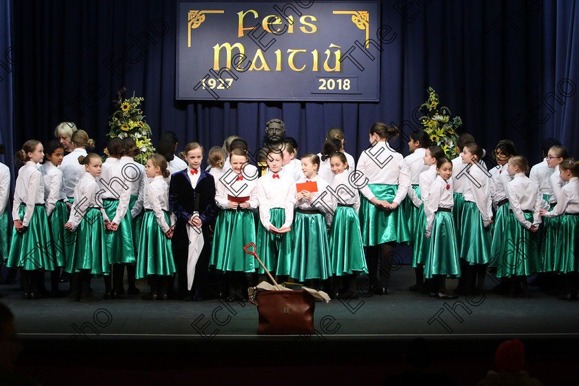 Feis28022018Wed01 
 On a snowy day only one choir made it into the hall for their performance, Scoil mhuire, Ballincollig braved the elements, snow and ice and totally enthralled the adjudicator, Marilynne Davies that she asked them to perform again and they did, spectacularly, showing their skill and talents so well that they were awarded the highest mark of 90 points, a rare achievement made all the more special on a day that most schools were closed due to weather and also making the choirs first visit to eh Feis performing a medley from Mary Poppins during the The Pam Golden Perpetual Cup Group Action Songs Primary Schools Class 104 Feis Maiti 92nd Festival held in Fr. Mathew Hall. EEjob 27/02/2018 Picture: Gerard Bonus.