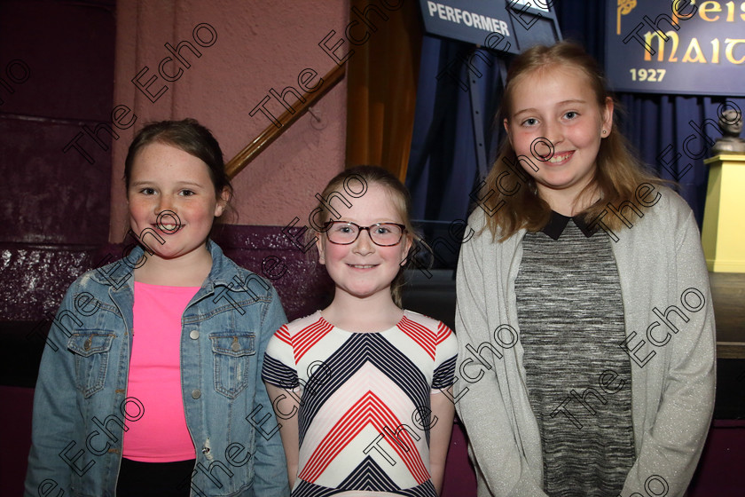 Feis29032019Fri22 
 22
Performers Sophie Bermingham, Niamh McNamara and Rebecca Hannigan from Blarney, Midleton and Ballincollig,

Class: 365: Solo Verse Speaking Girls 10Years and Under Section 5 Either: Meeting Rachel Field or Wanted A Witches Cat Shelagh McGee.

Feis Maiti 93rd Festival held in Fr. Mathew Hall. EEjob 29/03/2019. Picture: Gerard Bonus