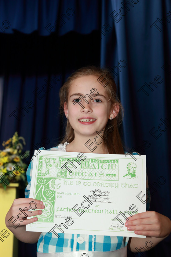 Feis14032019Thu25 
 25
Commended Cliona Murphy from Ovens.

Class: 328: The Fr. Nessan Shaw Memorial Perpetual Cup Dramatic Solo 10YearsandUnder Section 2 A Solo Dramatic Scene not to exceed 4 minutes.

Feis Maiti 93rd Festival held in Fr. Mathew Hall. EEjob 14/03/2019. Picture: Gerard Bonus.