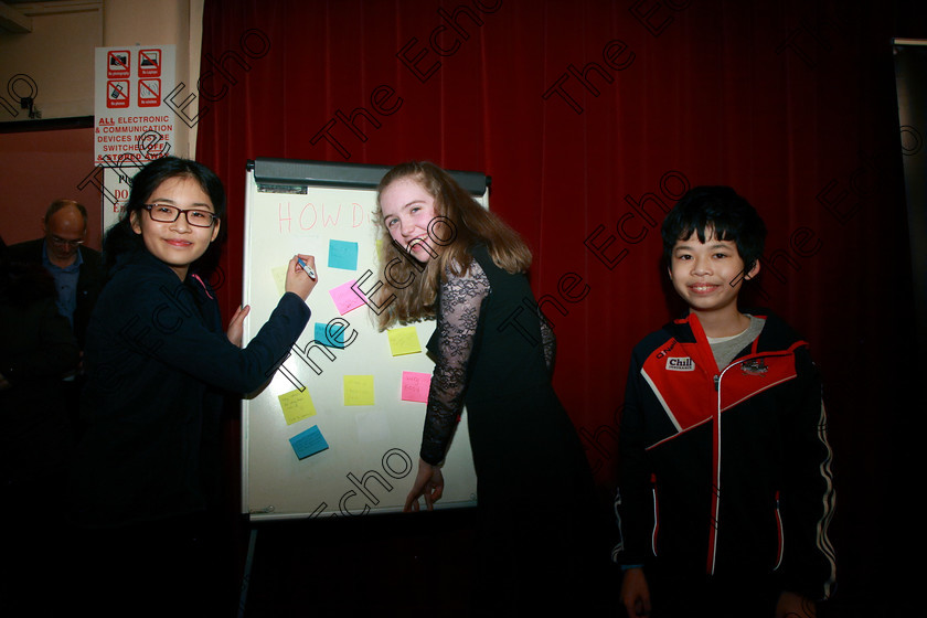 Feis31012018Wed43 
 43
Megan Chan and Helen Ruthledge signing the How Did It Go? Board watched by Bryan Chan all from Blackrock.
 Instrumental Music; Class: 236 The Shanahan & Co. Perpetual Cup: Advance Violin, one movement from a Concerto; Feis Maiti 92nd Festival held in Fr. Matthew Hall. EEjob 31/01/2018. Picture: Gerard Bonus.