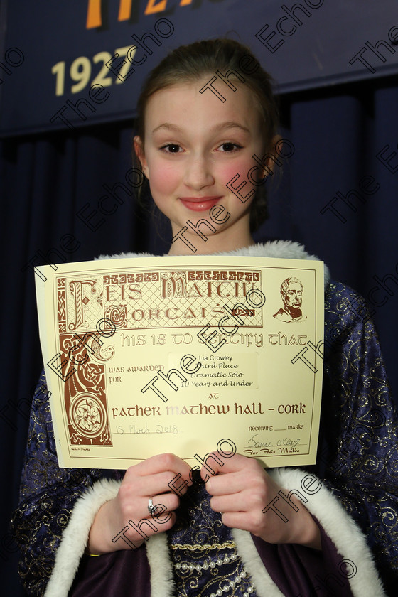 Feis15032018Thu03 
 3
3rd place Lia Crowley from Carrigaline performed Rapunzel 
 Speech and Drama Class: 328: The Fr. Nessan Shaw Memorial Perpetual Cup Dramatic Solo 10 Years and Under Section 2 Feis Maiti 92nd Festival held in Fr. Mathew Hall. EEjob 15/03/2018 Picture: Gerard Bonus.