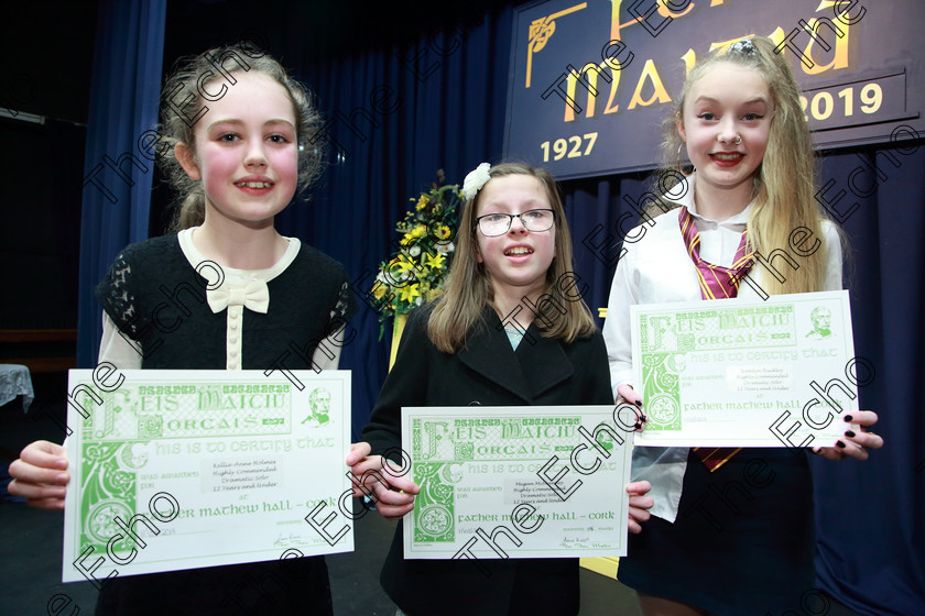 Feis11032019Mon21 
 21
Highly Commended Kellie Anne Holms from Coachford for her performance of Hard Times; Megan McSweeney from Mitchelstown for her performance of The Lion The Witch and The Wardrobe and Katelyn Buckley from Fermoy for her performance of Look At Me.

Class: 327: The Hartland Memorial Perpetual Trophy Dramatic Solo 12YearsandUnder Section 1 A Solo Dramatic Scene not to exceed 5 minutes.

Feis Maiti 93rd Festival held in Fr. Mathew Hall. EEjob 11/03/2019. Picture: Gerard Bonus