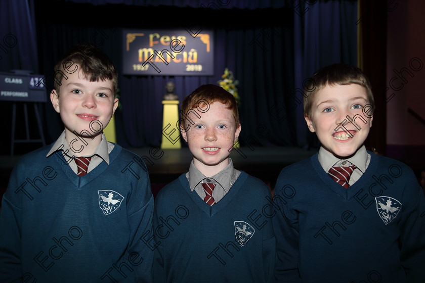 Feis27032019Wed03 
 3
Rian Jordan, Jaiden ODonoghue and Jack Greenway from Scoil an Spioraid Naoimh Glasheen 3rd Class.

Choral Speaking Class: 475: The Curran Memorial Perpetual Cup 5thClass (a) The Dragon Who Ate Our School Nick Toczek (b) Own Choice.
Class: 477: The Catherine Mahon Perpetual Cup 3rdClass (a) Queue for the Zoo Clare Bevan. (b) Own Choice.

Feis Maiti 93rd Festival held in Fr. Mathew Hall. EEjob 27/03/2019. Picture: Gerard Bonus