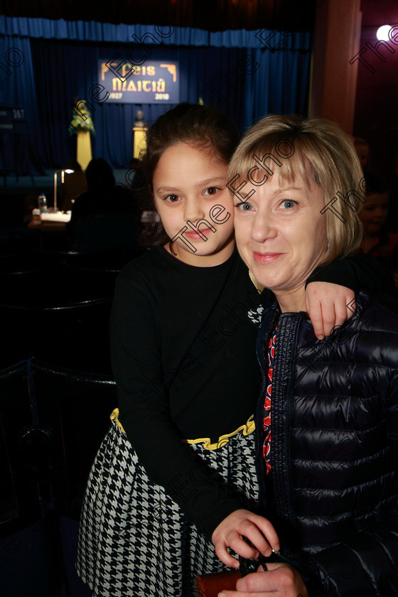 Feis11032018Sun09 
 9
Performer Julie N Mhurcha with her mother Lucia Lynch from Ballincollig.
 Singing and School Choirs Class: 367: Solo Verse Speaking Girls 8 Years and Under Section 5 Feis Maiti 92nd Festival held in Fr. Mathew Hall. EEjob 06/03/2018 Picture: Gerard Bonus.