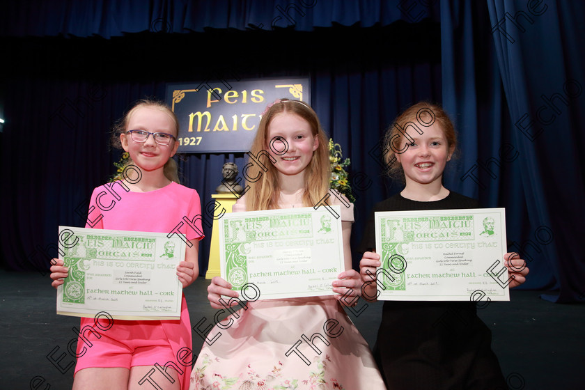 Feis19032019Tue37 
 37
Commended Sarah Field from Innishannon; Slaney OBrien from Rochestown and Rachel Forrest from Mogeely.

Class: 364: Solo Verse Speaking Girls 11 Years and Under Section 2 Either: Cat Mary Britton Miller or: The Dark James Carter.

Feis Maiti 93rd Festival held in Fr. Mathew Hall. EEjob 19/03/2019. Picture: Gerard Bonus.