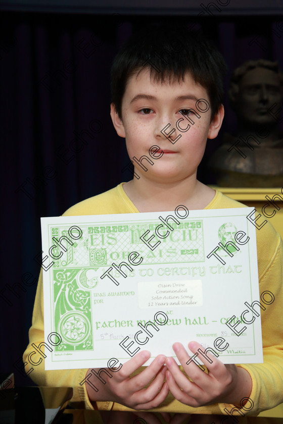 Feis05032019Tue18 
 18
Commended Oisn Drew from Rockboro for singing Alone In The Universe from Seussical the Musical.

Class: 113: The Edna McBirney Memorial Perpetual Award Solo Action Song 12 Years and Under Section 2 An action song of own choice.

Feis Maiti 93rd Festival held in Fr. Mathew Hall. EEjob 05/03/2019. Picture: Gerard Bonus