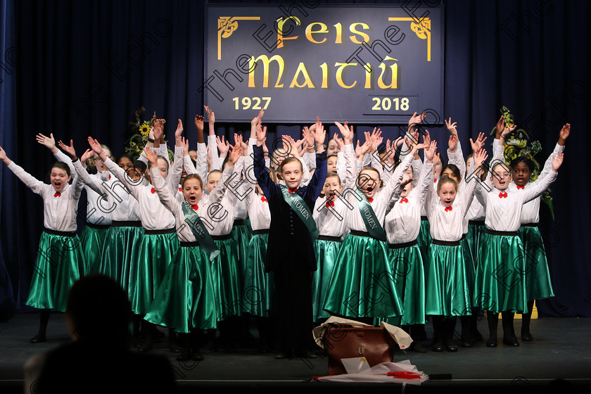 Feis28022018Wed10 
 On a snowy day only one choir made it into the hall for their performance, Scoil mhuire, Ballincollig braved the elements, snow and ice and totally enthralled the adjudicator, Marilynne Davies that she asked them to perform again and they did, spectacularly, showing their skill and talents so well that they were awarded the highest mark of 90 points, a rare achievement made all the more special on a day that most schools were closed due to weather and also making the choirs first visit to eh Feis performing a medley from Mary Poppins during the The Pam Golden Perpetual Cup Group Action Songs Primary Schools Class 104 Feis Maiti 92nd Festival held in Fr. Mathew Hall. EEjob 27/02/2018 Picture: Gerard Bonus.