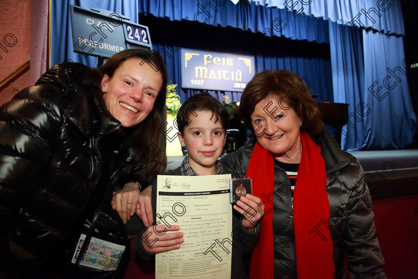 Feis0402109Mon13 
 13
Bronze Medallist Killian McCarthy from Blackrock with his Mother Joy Roncken and teacher Una Kindlon.

Class: 242: Violin Solo 8 Years and Under (a) CarsePetite Reverie (Classical Carse Bk.1) (b) Contrasting piece not to exceed 2 minutes.

Feis Maiti 93rd Festival held in Fr. Matthew Hall. EEjob 04/02/2019. Picture: Gerard Bonus