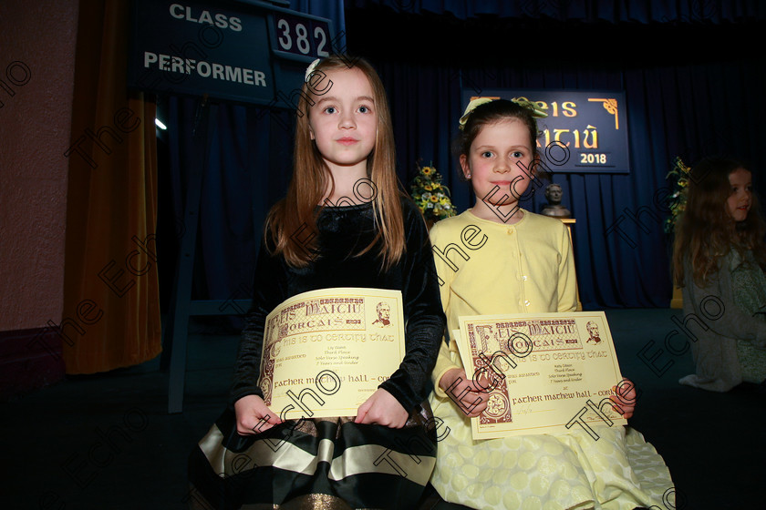 Feis11032018Sun65 
 65
Joint 3rd place Lily Walsh from Blackrock and Kelly Gibson from Mount Oval.
 Speech and Drama Class: 368: Solo Verse Speaking Girls 7 Years and Under Section 5 Feis Maiti 92nd Festival held in Fr. Mathew Hall. EEjob 10/03/2018 Picture: Gerard Bonus.