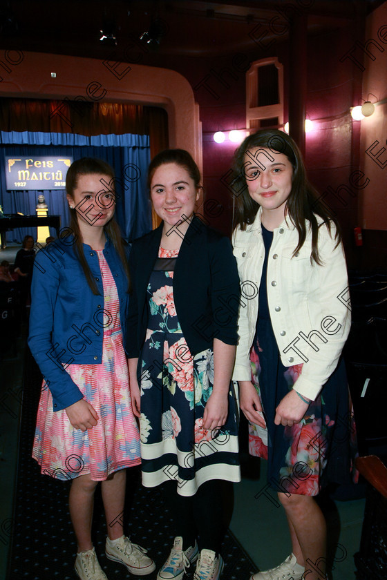 Feis05032018Mon14 
 14
Performers Leah Hallihan, Colleen OSullivan and Lisa Hartnett from Fermoy.
 Singing and School Choirs Class: 53: Girls Solo Singing 13 Years and Under Section 2 Feis Maiti 92nd Festival held in Fr. Mathew Hall. EEjob 05/03/2018 Picture: Gerard Bonus.