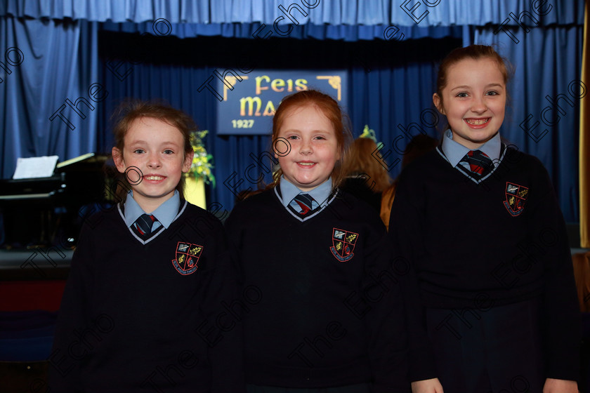 Feis01032019Fri04 
 4
Lily Finn, Lauren OConnor Hogan and Holly Heffernan from Scoil Aiseiri Chrost Farranree.

Class: 84: The Sr. M. Benedicta Memorial Perpetual Cup Primary School Unison ChoirsSection 2 Two contrasting unison songs.

Feis Maiti 93rd Festival held in Fr. Mathew Hall. EEjob 01/03/2019. Picture: Gerard Bonus