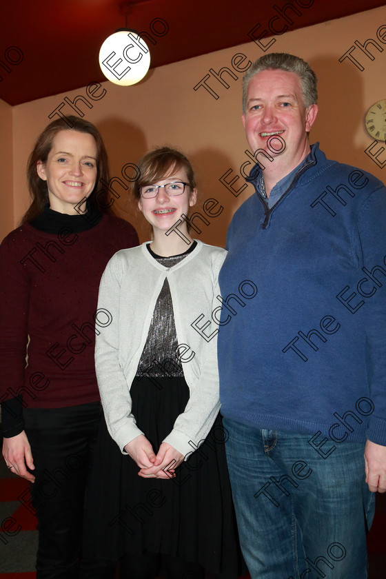 Feis0602109Wed17 
 17
Performer Meadhbh N Chathasaigh from Farran with her mother Caroline U Chathasaigh and dad Duarmuid  Chathasaigh.

Class: 160: The Kathleen Davis Memorial Perpetual Cup Piano Repertoire 12Years and Under Programme of contrasting style and period, time limit 10 minutes.

Feis Maiti 93rd Festival held in Fr. Matthew Hall. EEjob 06/02/2019. Picture: Gerard Bonus