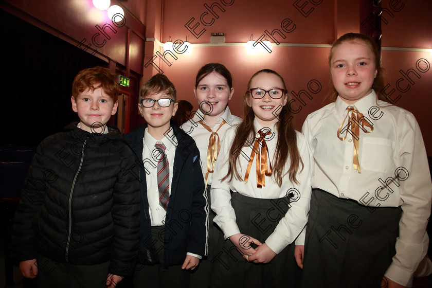 Feis28022019Thu04 
 4
Joseph Le Fondre, Sam Sheehan, Emily Doyle, Kaylin OFlynn and Lily OHalloran from Castlemartyr Childrens Choir.

Class: 84: The Sr. M. Benedicta Memorial Perpetual Cup Primary School Unison ChoirsSection 1Two contrasting unison songs.

Feis Maiti 93rd Festival held in Fr. Mathew Hall. EEjob 28/02/2019. Picture: Gerard Bonus