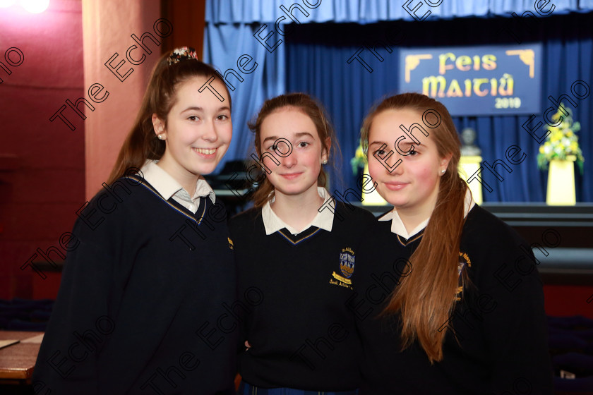 Feis27022019Wed03 
 3
Molly Hogan, Aoibheann ODwyer and Katelyn Heffernan from St. Ailbes Choir.

Class: 77: The Father Mathew Hall Perpetual Trophy Sacred Choral Group or Choir 19 Years and Under Two settings of Sacred words.
Class: 80: Chamber Choirs Secondary School

Feis Maiti 93rd Festival held in Fr. Mathew Hall. EEjob 27/02/2019. Picture: Gerard Bonus