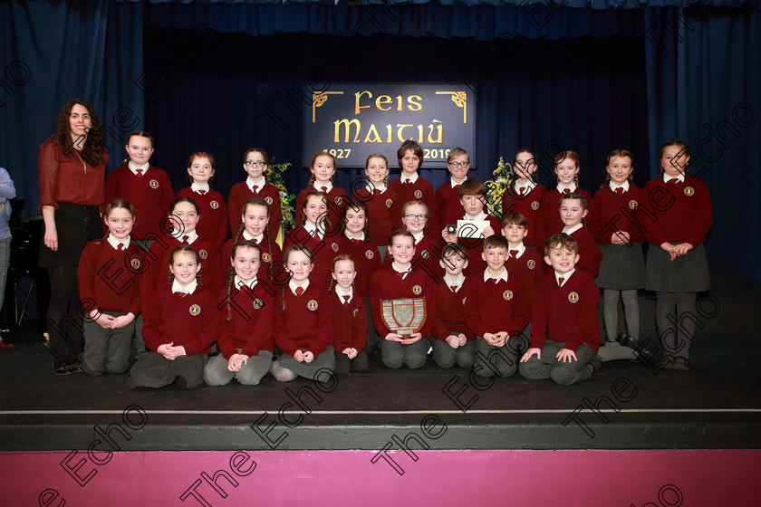 Feis28022019Thu52 
 52
Perpetual Trophy and Bursary Bursary Value 130 winners Gaelscoil U Eigeartaigh Cobh with Teacher Siobhn de Cgin;

Class: 85: The Soroptimist International (Cork) Perpetual Trophy and Bursary
Bursary Value 130 Unison or Part Choirs 13 Years and Under Two contrasting folk songs.

Feis Maiti 93rd Festival held in Fr. Mathew Hall. EEjob 28/02/2019. Picture: Gerard Bonus