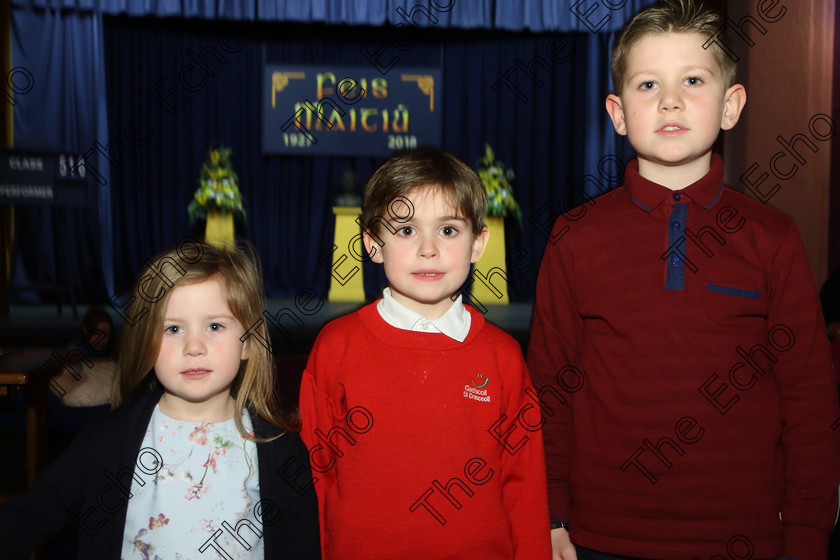 Feis21032018Wed07 
 7
Lucy, Kevin and Performer Jerry OSullivan from from Gaelscoil U Drisceol.
 Labhairt na Filocht agus Mreanna Drmaochta Class: 516: Bharslabhairt 9 Bliana DAois N Faoina Roinn 1 Feis Maiti 92nd Festival held in Fr. Mathew Hall. EEjob 21/03/2018 Picture: Gerard Bonus