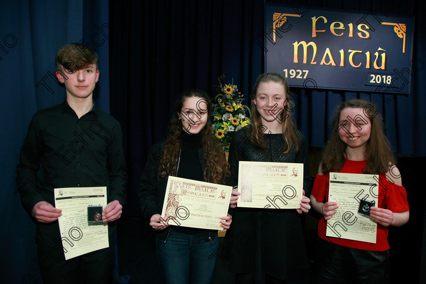 Feis08022018Tur19 
 19
Bronze Medallist James Gibson from Glanmire; Joint 3rd place Ana Meta from Ballincollig and Spain and Maeve OConnor from Waterfall with Silver Medallist Grinne Egan from Doneraile.
 Instrumental Music Class: Piano: 184: Piano Solo15 Years and Under Confined
Feis Maiti 92nd Festival held in Fr. Mathew Hall. EEjob 08/02/2018 Picture: Gerard Bonus.