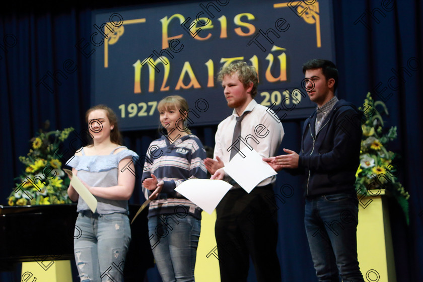 Feis05032019Tue61 
 61
Joint 3rd place Siomha Marron from Glanmire and Eve Crowley from Clonakilty; Commended Colm Brennan from Claonakilty and Andrew Lane from Whites Cross.

Class: 23: The London College of Music and Media Perpetual Trophy
Musical Theatre Over 16Years Two songs from set Musicals.

Feis Maiti 93rd Festival held in Fr. Mathew Hall. EEjob 05/03/2019. Picture: Gerard Bonus