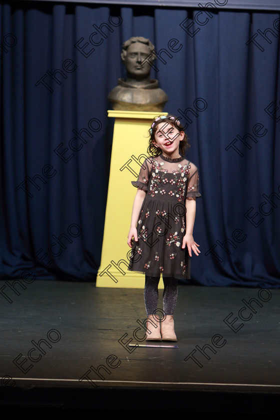 Feis23032019Sat38 
 38
Emma Rose Harrington giving a Silver Medal performance.

Class: 369: Solo Verse Speaking Girls 6 Years and Under Section 2 Either Ice Cone Island Bernard Lodge or Night Fright Marian Swinger.

Feis Maiti 93rd Festival held in Fr. Mathew Hall. EEjob 23/03/2019. Picture: Gerard Bonus.