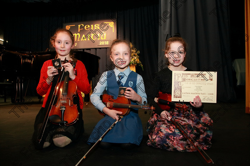 Feis29012018Mon47 
 47
Silver Medallist, Georgia Ellen Hynes from Blackrock; Bronze Medallist, Caoimhe Murphy from Blackrock and 3rd place went to Grace Kearney from Watergrasshill.
 EEjob 29/01/2018 
Feis Maiti 92nd Festival held in Fr. Matthew Hall 
Picture: Gerard Bonus

Instrumental Music 
Class: 242: Violin Solo 8 years and under.