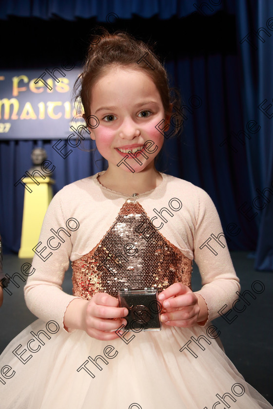 Feis23032019Sat52 
 52
Bronze Medallist Aisling N Shilleabhain from Ballincollig for her performance.

Class: 369: Solo Verse Speaking Girls 6 Years and Under Section 2 Either Ice Cone Island Bernard Lodge or Night Fright Marian Swinger.

Feis Maiti 93rd Festival held in Fr. Mathew Hall. EEjob 23/03/2019. Picture: Gerard Bonus.