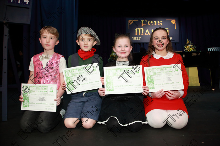 Feis26022019Tue69 
 69
Commended Alex ORegan, Oran Lyons, Katie Ross and Amelia OHalloran from Ballyclaugh, Bishopstown, Dripsey and Douglas Road.

Class: 114: The Henry OCallaghan Memorial Perpetual Cup Solo Action Song 10 Years and Under Section 1 An action song of own choice.

Feis Maiti 93rd Festival held in Fr. Mathew Hall. EEjob 26/02/2019. Picture: Gerard Bonus