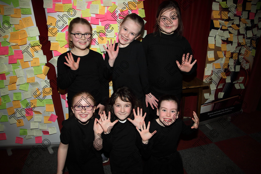 Feis27032019Wed01 
 1
Emily Carroll, Isabel OSullivan, Blithn Collins, Leah Cullinane, Amy Lombard and Ava Cullinane performed in Class: 462: Duo Mime 12 Years and Under A Mime of own choice.

Choral Speaking Class: 475: The Curran Memorial Perpetual Cup 5thClass (a) The Dragon Who Ate Our School Nick Toczek (b) Own Choice.
Class: 477: The Catherine Mahon Perpetual Cup 3rdClass (a) Queue for the Zoo Clare Bevan. (b) Own Choice.

Feis Maiti 93rd Festival held in Fr. Mathew Hall. EEjob 27/03/2019. Picture: Gerard Bonus